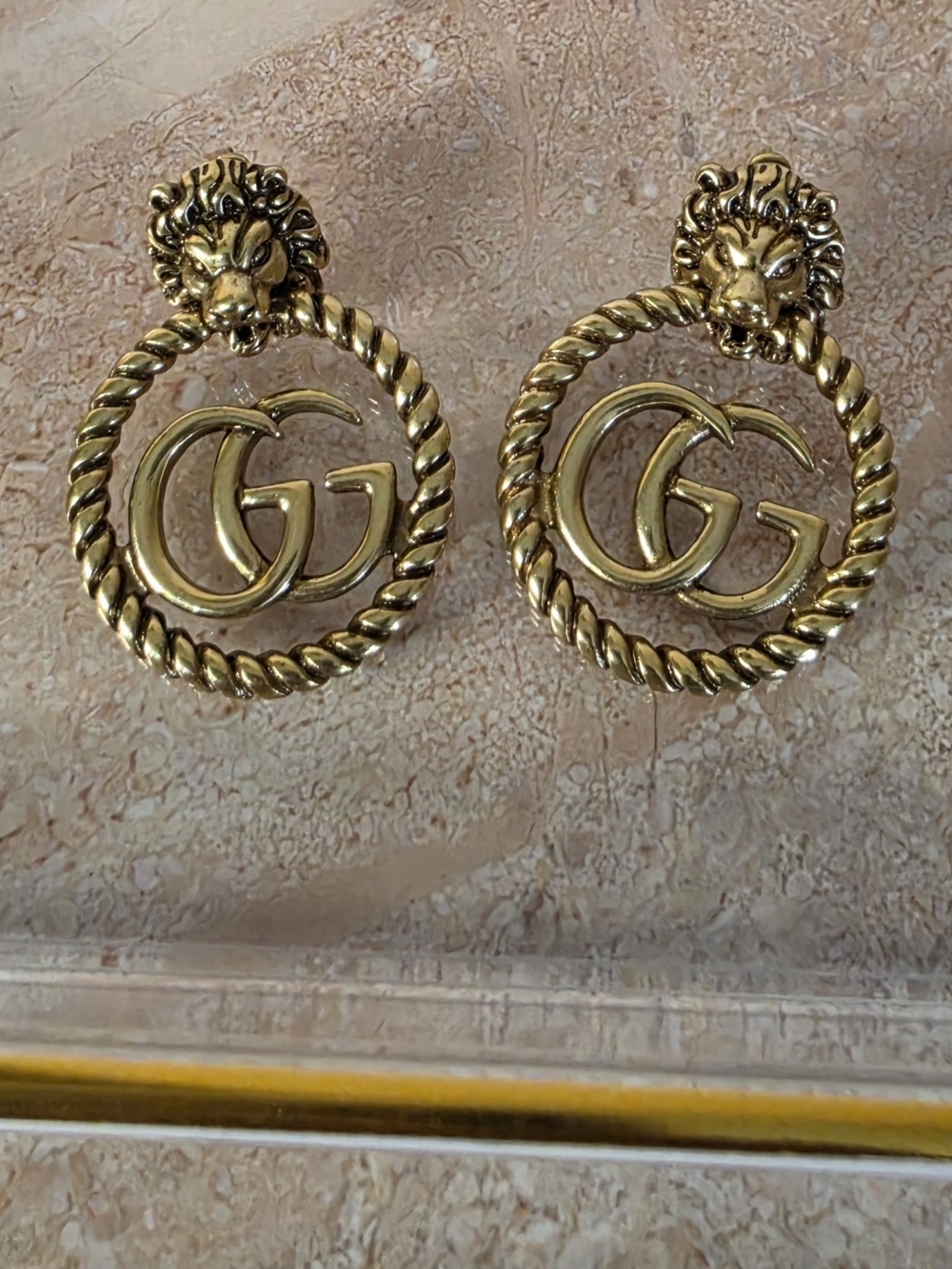 Antique Gold-Tone Lion Head Hoop Earrings